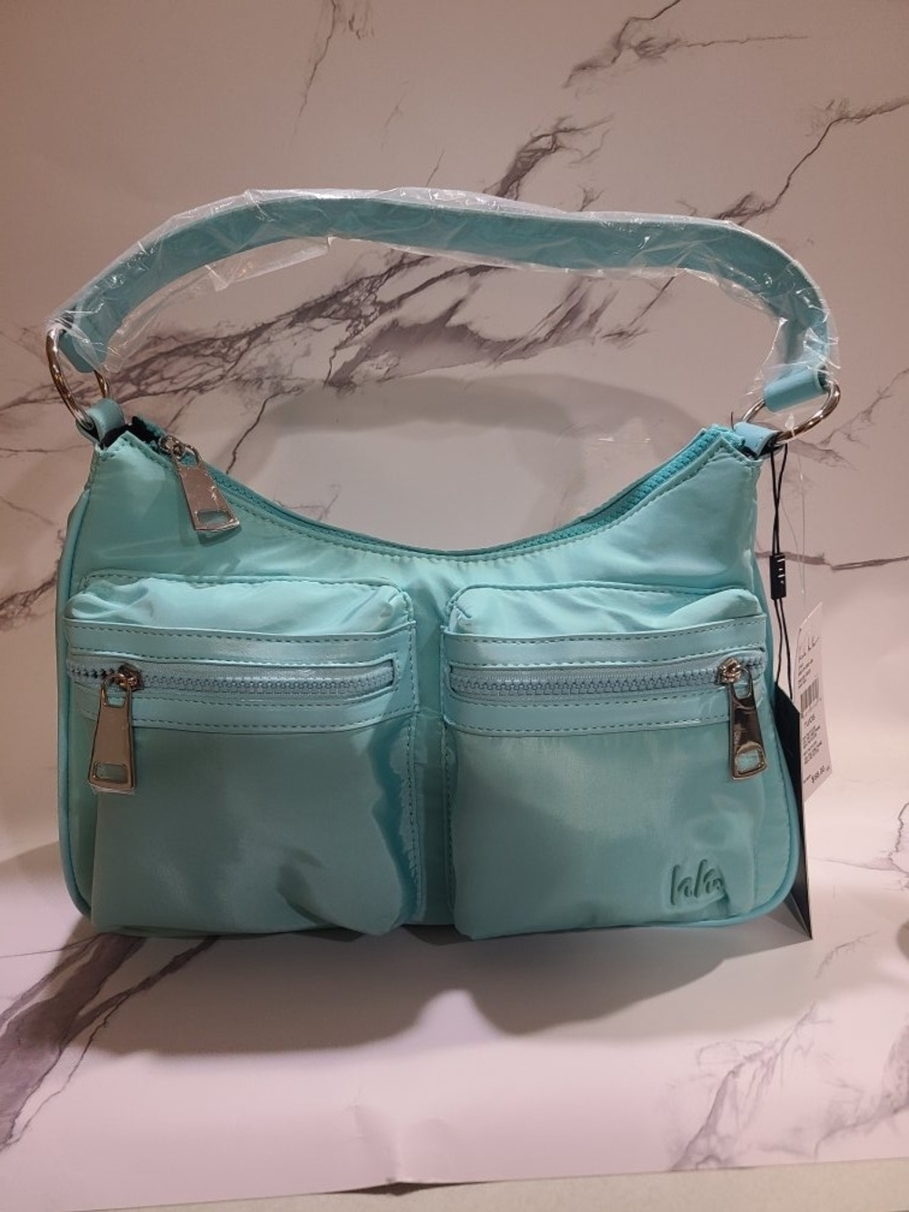 Light Aqua Shoulder Bag with Dual Front Zip Pockets